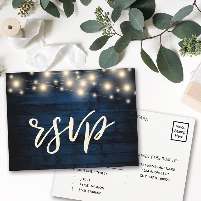 Rustic Navy Wood String Lights RSVP Meal Invitation Postcard (Creator Uploaded)