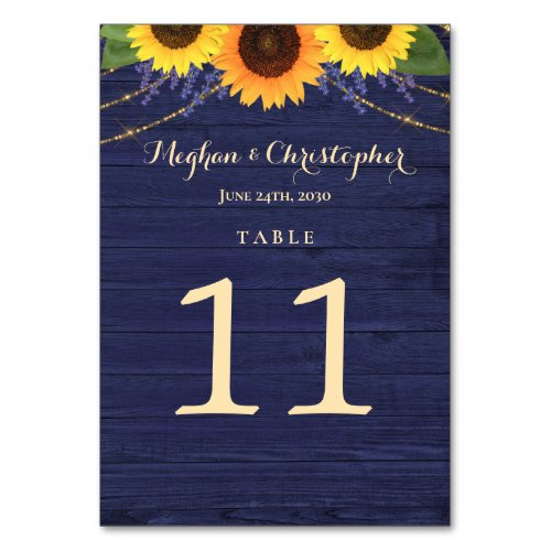 Rustic Navy Wood String Lights Sunflower Wedding Table Number