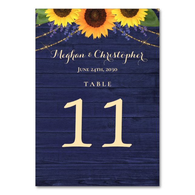 Rustic Navy Wood String Lights Sunflower Wedding Table Number (Front)