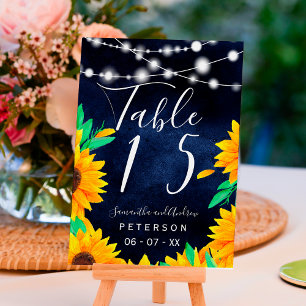 Rustic navy wood string lights sunflowers  table number