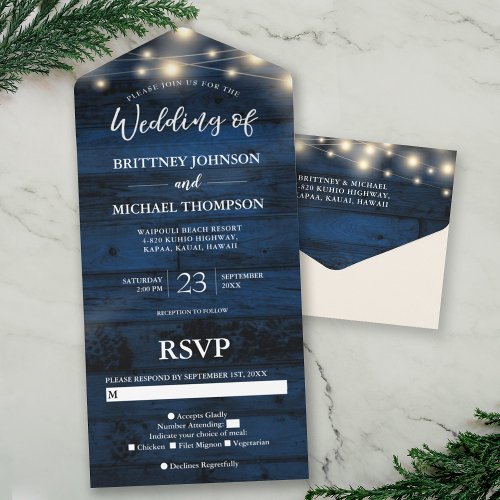 Rustic Navy Wood String Lights Wedding All In One Invitation