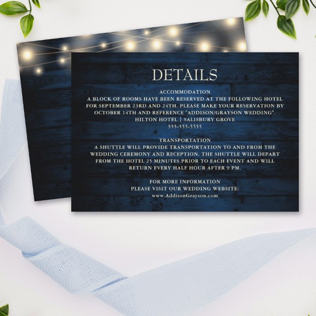 Rustic Navy Wood String Lights Wedding Detail Enclosure Card (Creator Uploaded)