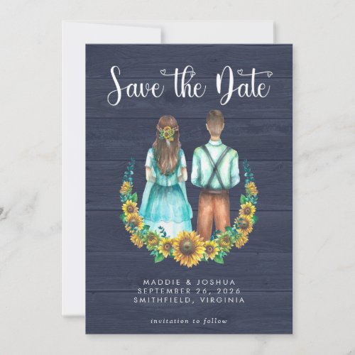 Rustic Navy Wood Sunflower Photo Save the Date 