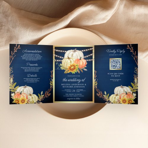 Rustic Navy Wood Sunflower Pumpkin QR Code Wedding Tri_Fold Invitation