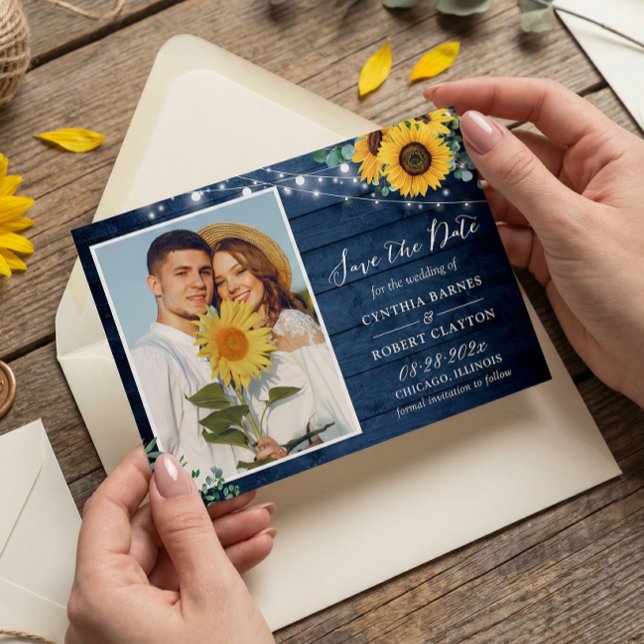 Rustic Navy Wood Sunflower String Lights Photo Save The Date (Creator Uploaded)