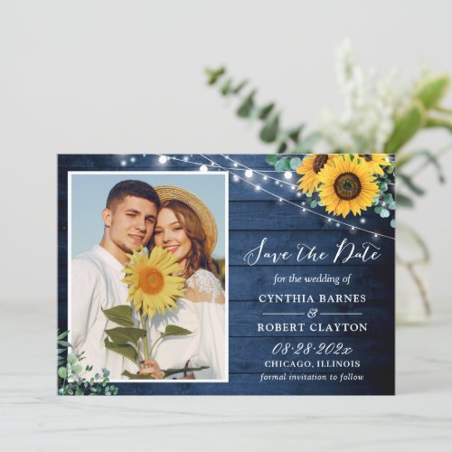 Rustic Navy Wood Sunflower String Lights Photo Save The Date - Rustic Navy Wood Sunflower String Lights Photo Wedding Save the Date Card. 
(1) For further customization, please click the "customize further" link and use our design tool to modify this template. 
(2) If you prefer Thicker papers / Matte Finish, you may consider to choose the Matte Paper Type.