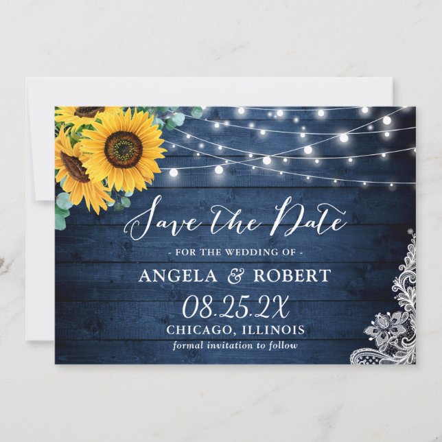 Rustic Navy Wood Sunflower String Lights Wedding Save The Date (Front)