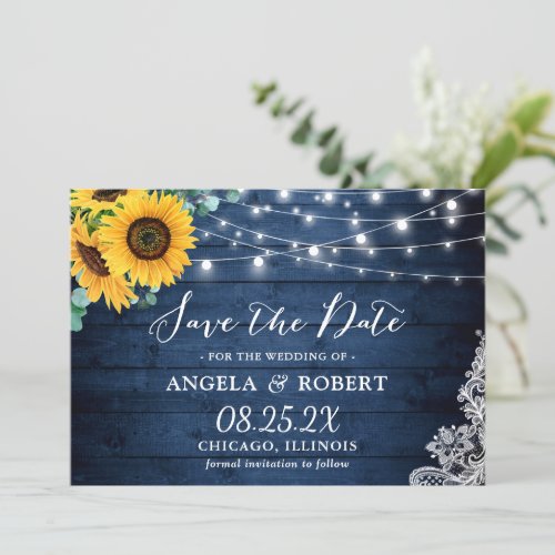 Rustic Navy Wood Sunflower String Lights Wedding Save The Date