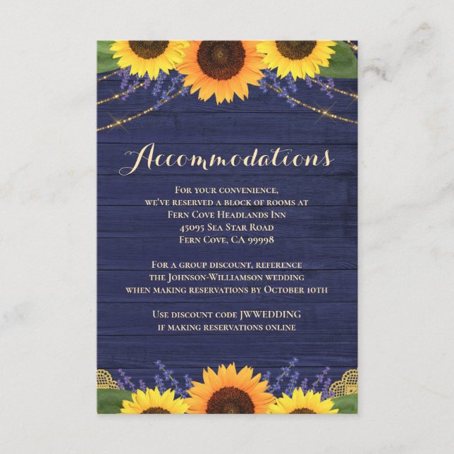 Rustic Navy Wood Sunflower Wedding Accommodations Enclosure Card (Front)