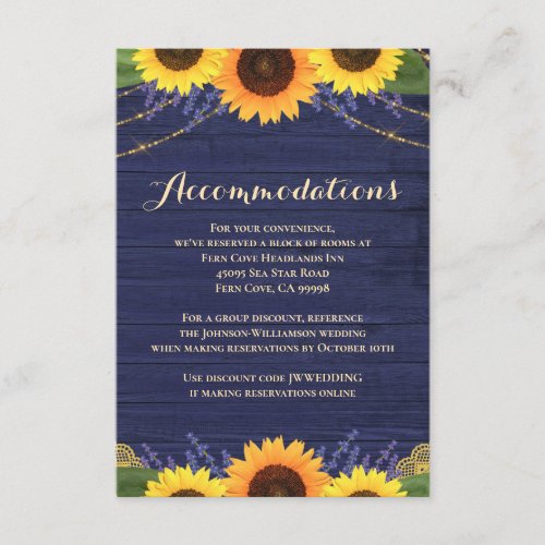 Rustic Navy Wood Sunflower Wedding Accommodations Enclosure Card