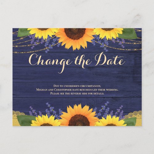 Rustic Navy Wood Sunflower Wedding Change the Date Postcard