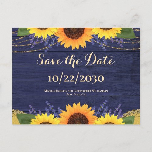Rustic Navy Wood Sunflower Wedding Save the Date Postcard