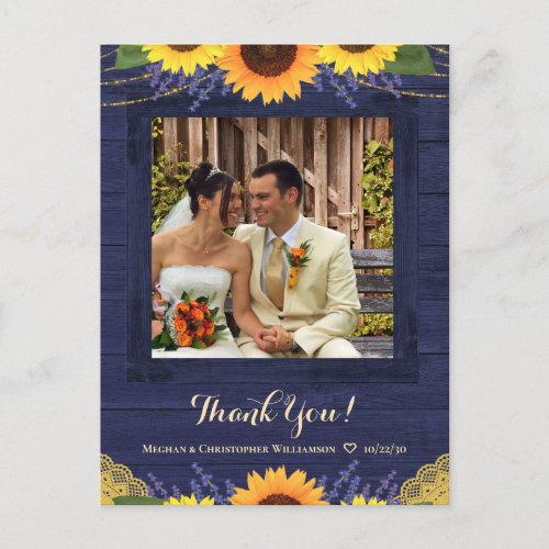 Rustic Navy Wood Sunflower Wedding Thank You Photo Postcard