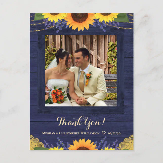 Rustic Navy Wood Sunflower Wedding Thank You Photo Postcard | Zazzle