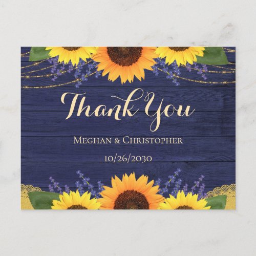 Rustic Navy Wood Sunflower Wedding Thank You Postcard