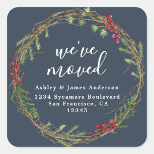 Rustic Navy Wreath We’ve Moved Address Square Sticker