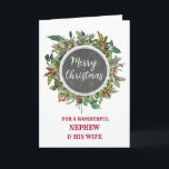 Rustic Nephew and His Wife Merry Christmas Card<br><div class="desc">Merry Christmas for nephew and his wife card in rustic watercolor foliage and country chalkboard pattern.</div>