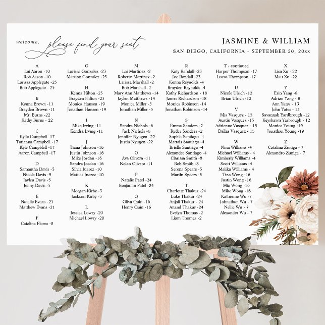 Rustic Neut Boho Floral Alphabetical Seating Chart Foam Board (Creator Uploaded)