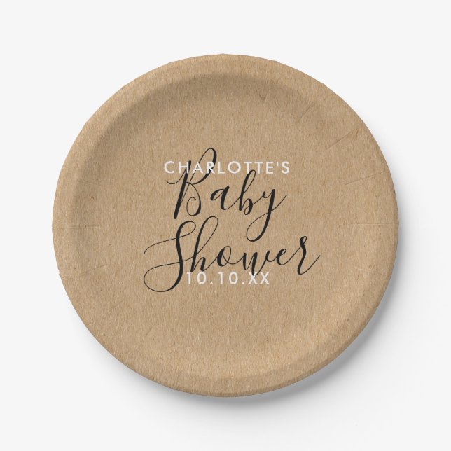 Rustic Neutral Baby Shower Elegant Script Paper Plates (Front)