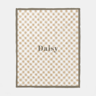 Rustic Neutral Beige Gingham Plaid Name Fleece Blanket