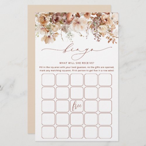 Rustic Neutral Boho Floral Bridal Bingo Game Card