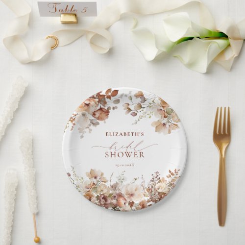 Rustic Neutral Boho Floral Bridal Shower Paper Plates