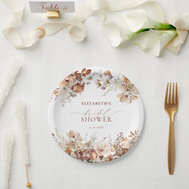 Rustic Neutral Boho Floral Bridal Shower Paper Plates (Wedding)