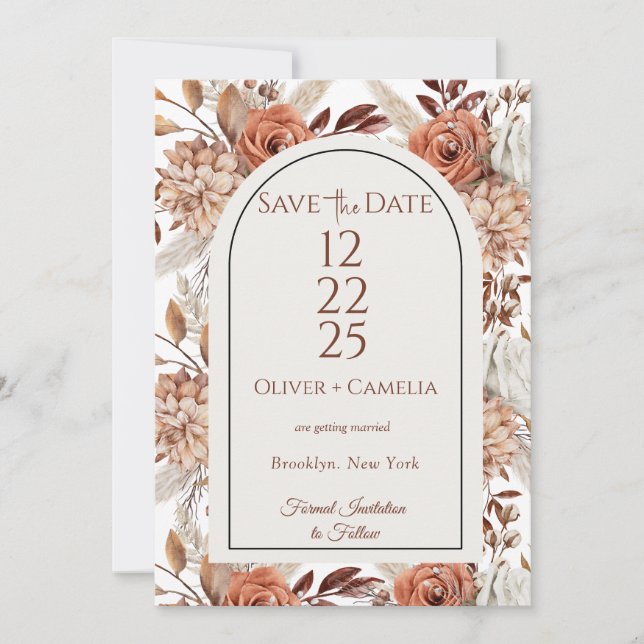 Rustic Neutral Boho Floral Save The Dates Invitation (Front)