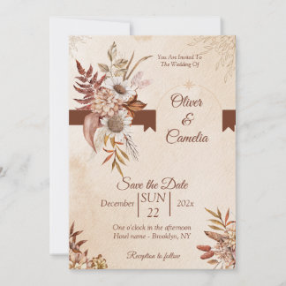 Rustic Neutral Boho Floral Wedding Invitation