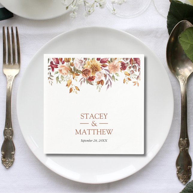 Rustic Neutral Boho Floral Wedding Napkins (Rustic neutral boho floral napkins add warm earthy charm to wedding tables.)