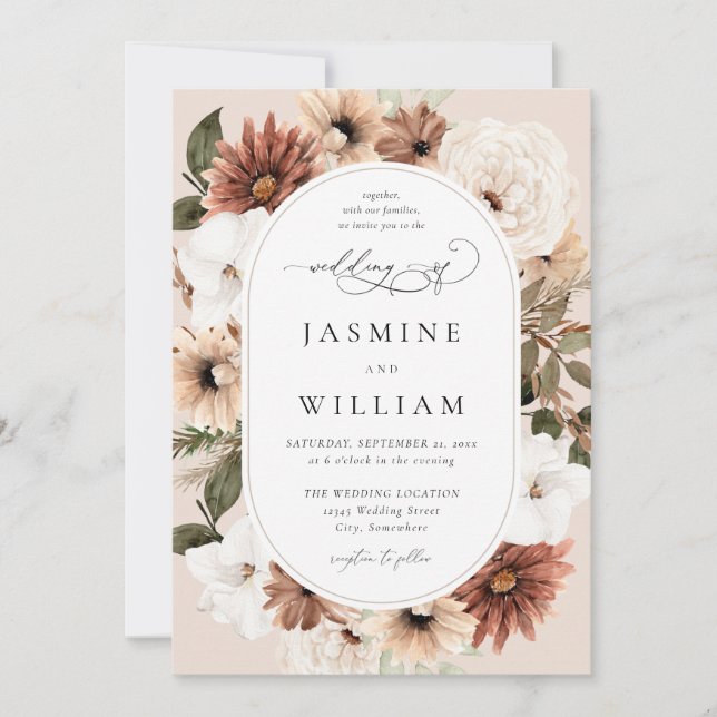 Rustic Neutral Boho Floral Wedding S2 - Beige Invitation (Front)
