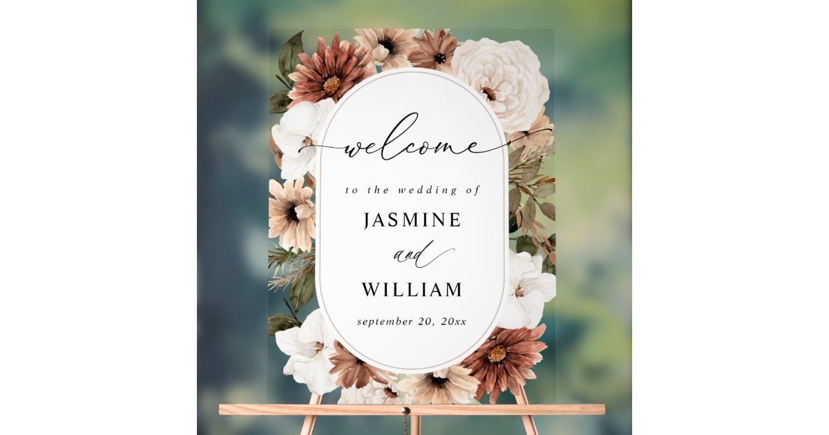 Rustic Neutral Boho Floral Wedding Welcome Acrylic Sign | Zazzle
