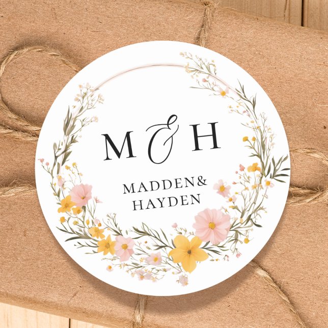 Rustic Neutral Boho Floral Wildflower Wedding Classic Round Sticker (Creator Uploaded)