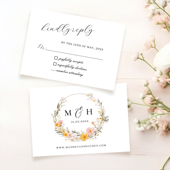 Rustic Neutral Boho Floral Wildflower Wedding RSVP Card (Creator Uploaded)