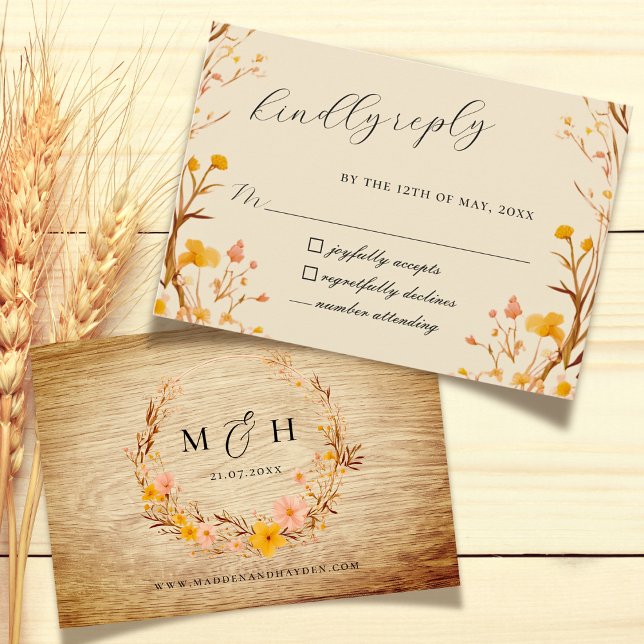 Rustic Neutral Boho Floral Wildflower Wood Look RSVP Card (Creator Uploaded)