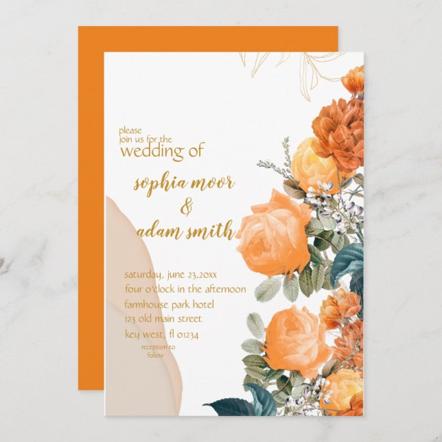 Rustic Neutral Boho orange Floral wedding Invitation (Front/Back)