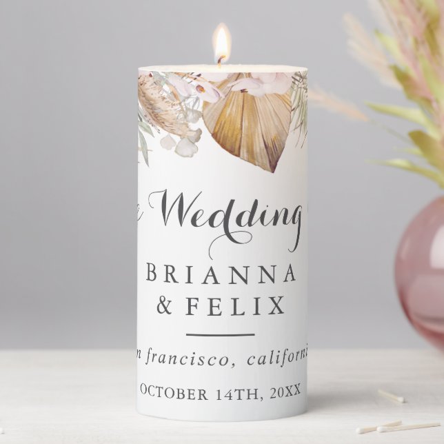 Rustic Neutral Boho Wedding Pillar Candle (In Situ)