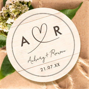 Rustic Neutral Boho Wood Look Cute Script Heart Classic Round Sticker