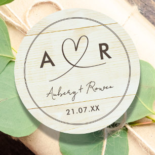 Rustic Neutral Boho Wood Look Cute Script Heart Classic Round Sticker