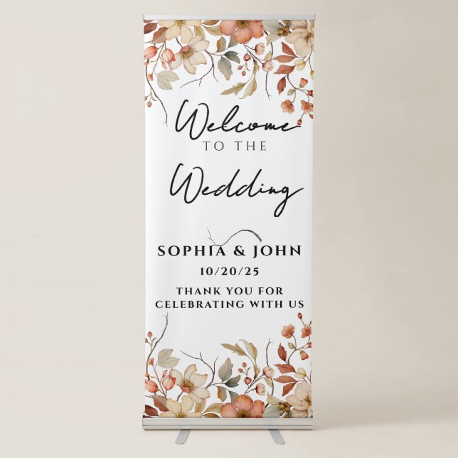 Rustic Neutral Botanical Elegant Wedding Retractable Banner (Front)