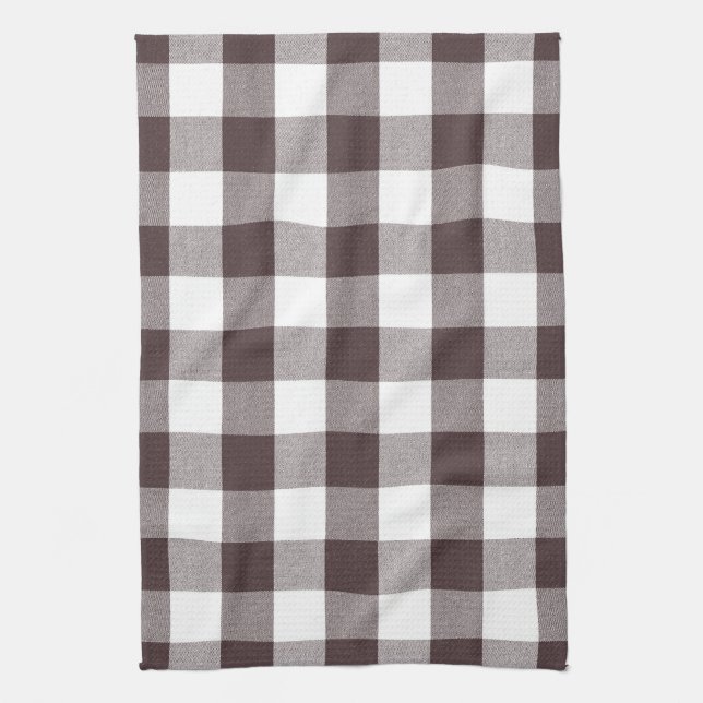 Rustic Neutral Brown White Gingham Buffalo Plaid  Kitchen Towel (Vertical)