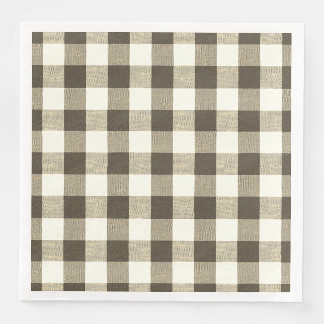Rustic Neutral Brown White Gingham Buffalo Plaid  Paper Dinner Napkins (Front)