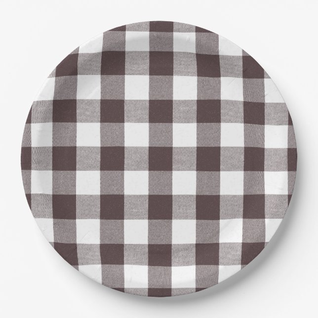Rustic Neutral Brown White Gingham Buffalo Plaid  Paper Plates (Front)