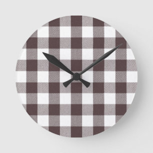 Rustic Neutral Brown White Gingham Buffalo Plaid  Round Clock
