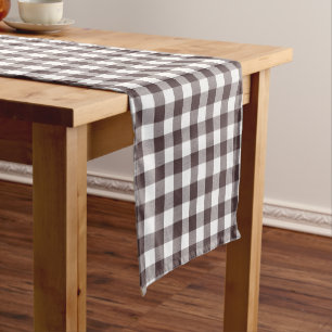 Rustic Neutral Brown White Gingham Buffalo Plaid  Short Table Runner
