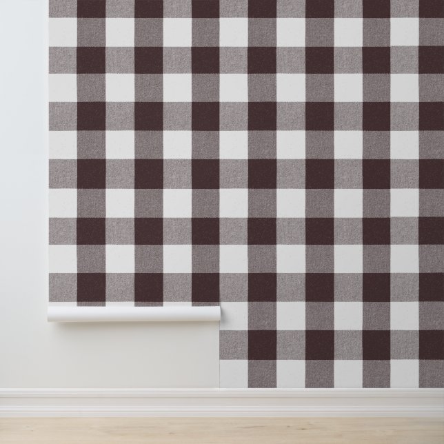 Rustic Neutral Brown White Gingham Buffalo Plaid  Wallpaper (Application)