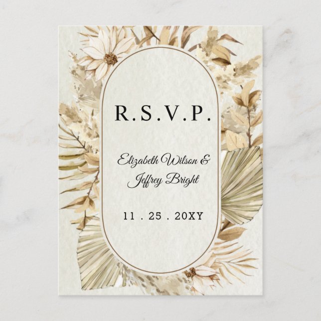 Rustic Neutral Earthy Boho Pampas Grass RSVP Invitation Postcard (Front)