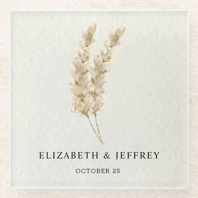 Rustic Neutral Earthy Boho Pampas Grass Wedding  Glass Coaster (Front)