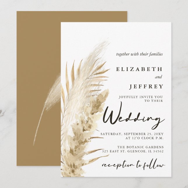 Rustic Neutral Earthy Boho Pampas Grass Wedding Invitation (Front/Back)