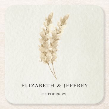 Rustic Neutral Earthy Boho Pampas Grass Wedding   Square Paper Coaster